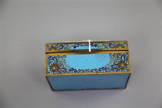 A 19th century Chinese rectangular cloisonne enamel box, mounted with a 17th/18th century white jade plaque, 10.3 x 9cm, height 6.5cm,
